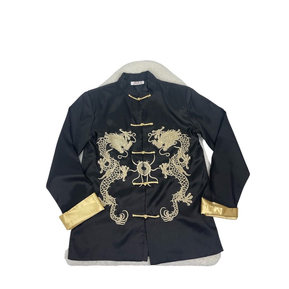 Dragon Embroidered Mandarin Collar Jacket Asian Style Black Gold Trim - Picture 6 of 12